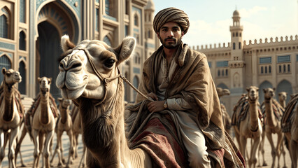 Prince Aladdin rides on camels with gifts to the Sultan's palace. The Tale of the Magic Lamp.