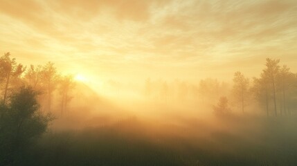 Obraz premium A misty forest at dawn with rays of sunlight piercing through the fog. 