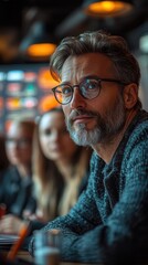 Fototapeta premium Mature man with glasses in a modern meeting setting.