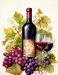 Watercolor wine bottle and glasses surrounded by grapes and vineyard leaves isolated on white with copy space