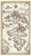 A detailed vintage map depicting mountains, a castle, and a ship at sea.