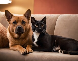 cute cat and dog pets sitting together on sofa in the room