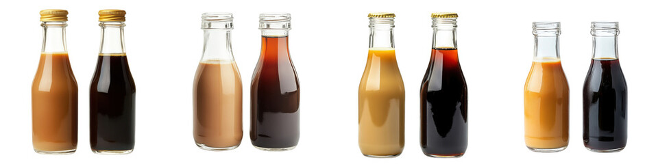 Set of two glass bottles side by side filled with rich coffee milk and brewed tea isolated on transparent background