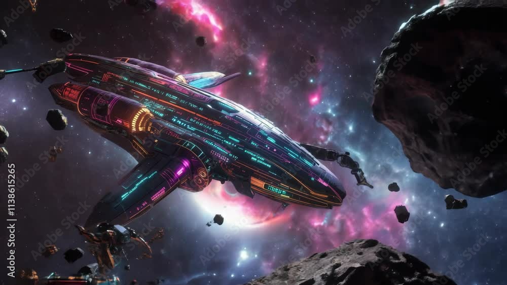 Aufkleber futuristic spaceship is flying through space, navigating a field of asteroids. the galaxy in the bac