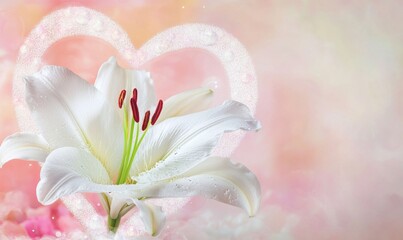 A white flower with red tips is in the center of a heart