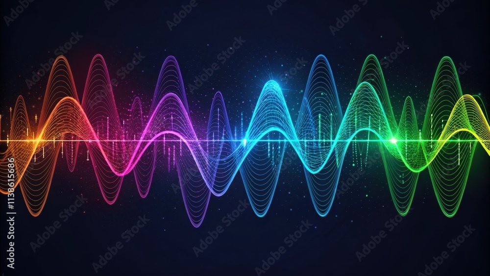 Poster digital sound waves flowing on dark background, forming a colorful pattern that represents audio spe