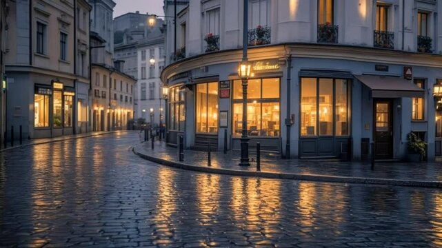 Parisian Evening: A cobblestone street in Paris glows with warm lamplight, reflecting in glistening puddles after a gentle rain, creating an inviting and atmospheric scene.