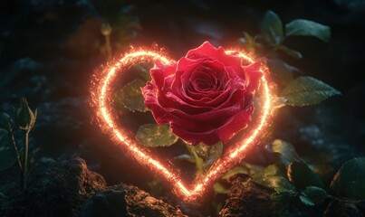 A red rose is in the center of a heart shape