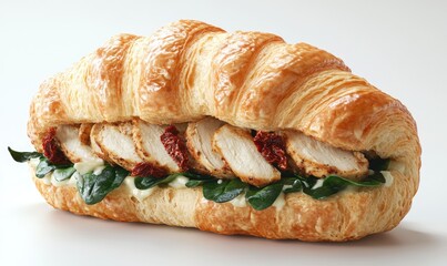 A sandwich with chicken and spinach on a white background