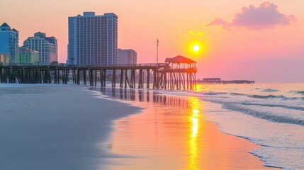Fototapeta premium Serene Sunset Over a Coastal Pier with Urban Skyline Reflected on Water
