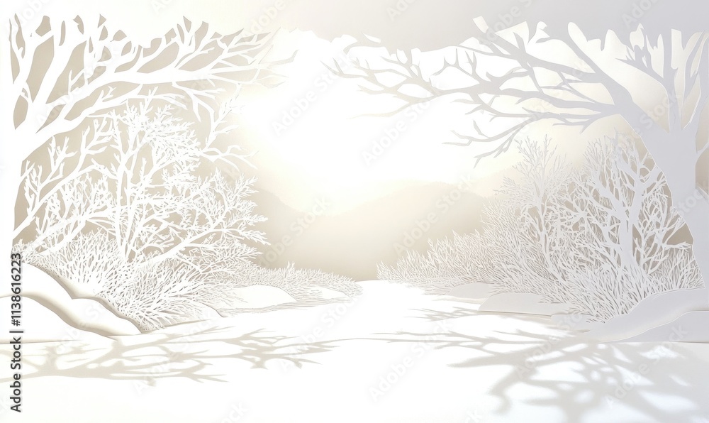 Poster a white background with trees and a mountain in the background