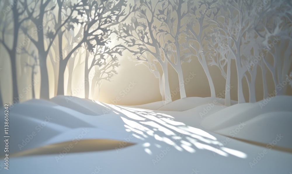 Poster a white paper drawing of a snowy forest with trees and a path