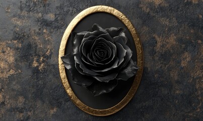 A black rose is on a gold frame