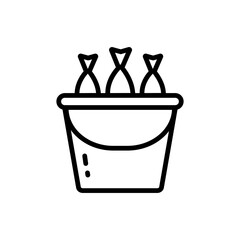Bucket with fish line icon. Seafood product sign, ocean fish cooking or culinary ingredient symbol