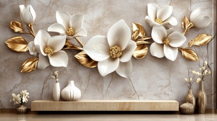 White, blue, and gold flowers and leaves with a marble backdrop, perfect for use on cards, invitations, or wallpaper.