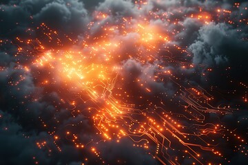 Fototapeta premium A computer generated image of a city with a lot of lights and a lot of clouds