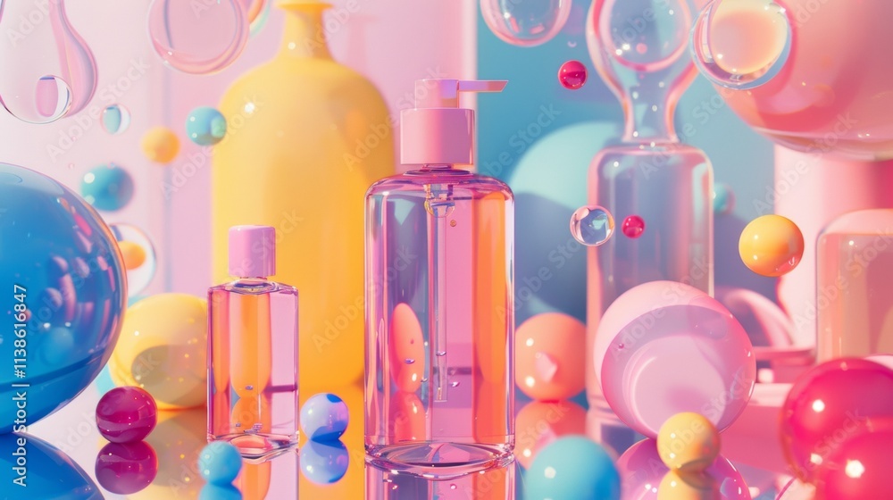 Poster vibrant abstract display with colorful bottles and spheres