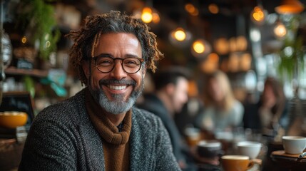 Obraz premium Smiling man in cozy cafe with warm lighting.