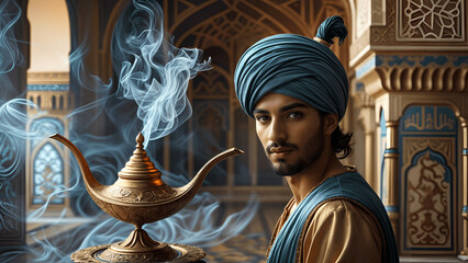 Prince Aladdin summons a genie to magic to help. Smoke is coming from the lamp. The Tale of the Magic Lamp.