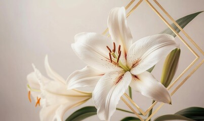 Obraz premium A white flower with brown spots is in a gold frame