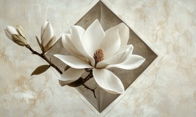 A white flower with a brown stem is in a vase