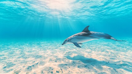 Obraz premium A dolphin swimming gracefully in clear blue water with sun rays above.