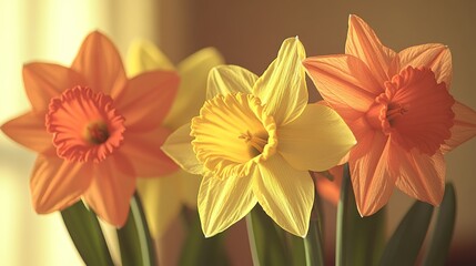 Fototapeta premium Soft pastel tones are enhanced by the blooming yellow and white daffodils in a charming floral garden field.