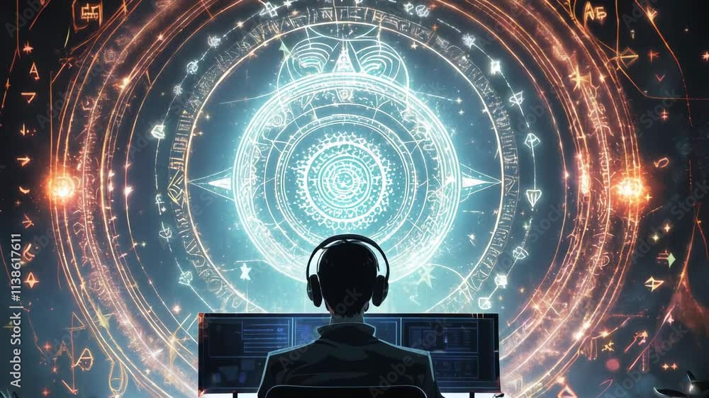 Poster programmer wearing a headset sits in front of a futuristic glowing interface filled with changing sy