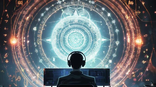 Programmer wearing a headset sits in front of a futuristic glowing interface filled with changing symbols and patterns, immersed in a dark room that enhances the digital atmosphere