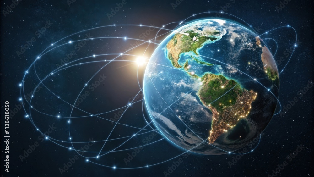 Poster planet earth rotating in space with highlighted continents and connections, representing internation