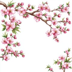 A spring tree wreath branch, arranged in a circular shape, showcases cherry, apple, apricot, and sakura buds and blossoms. This clipart is a charming springtime watercolor illustration, hand-drawn