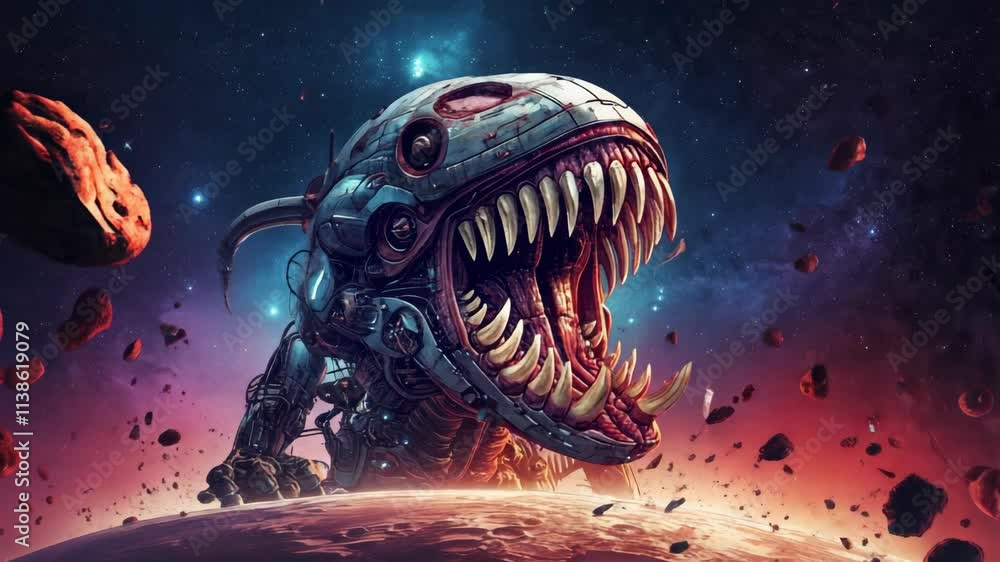 Poster terrifying robotic t-rex with glowing eyes and sharp teeth rises from a planet's surface, roaring me