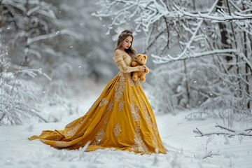 Fototapeta premium Elegant portrait of a young woman with expressive eyes, set against a winter landscape. Perfect for Christmas themed social media covers or screensavers.