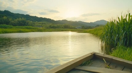 Serene Sunset Reflections Over Calm Waters and Lush Greenery Landscape