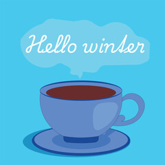 A coffee cup with plate .hello winter .Art and Illustrator .Adobe Illustrator Artwork.Steam .banner .