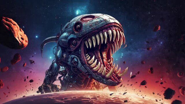 Terrifying robotic t-rex with glowing eyes and sharp teeth rises from a planet's surface, roaring menacingly in the depths of space, embodying chaos and fear