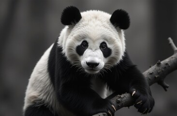 Obraz premium Panda black and white. Panda bear cub stands on a branch. Panda bear has mood of curiosity and surprise.