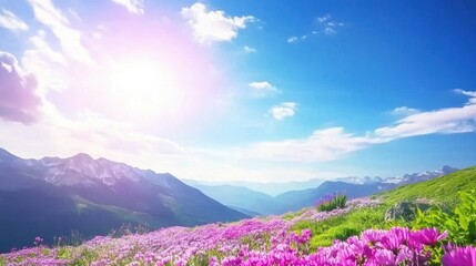 Breathtaking Scenic Landscape of Colorful Flowers Under Bright Blue Sky