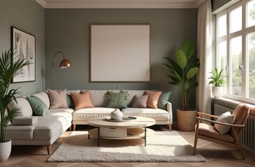 Fototapeta premium Modern interior living room, decor room. Living room with white couch and coffee table. Room has modern and clean look.