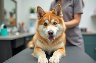 Ginger husky dog in veterinarian clinic. Red husky dog in grooming salon. Husky dog is sitting on table in front of woman in lab coat.