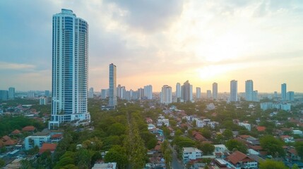Obraz premium Urban Skyline at Sunset with Skyscrapers and Residential Area in the City