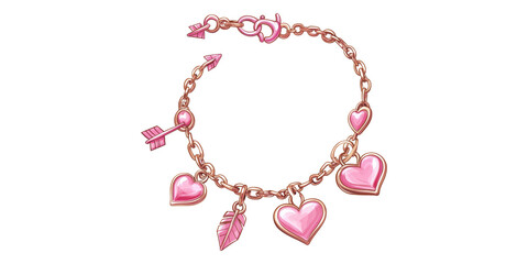 Heart charm bracelet with pink gems isolated on transparent background
