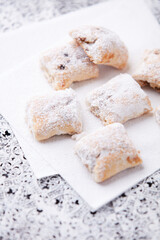 Stollen Bites on bright background. Soft focus. Close up.