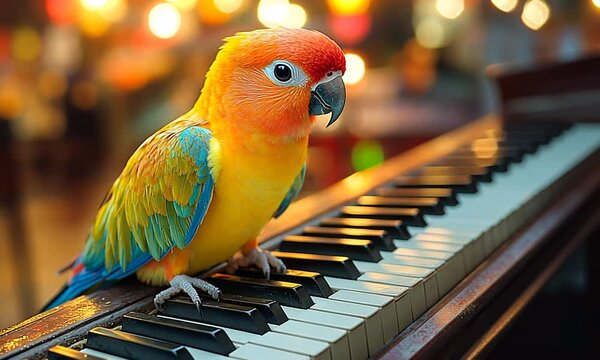 A colorful parrot perched on a piano, surrounded by soft, blurred lights.