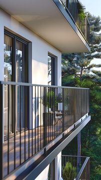Un balcon &eacute;l&eacute;gant avec garde-corps en m&eacute;tal.
