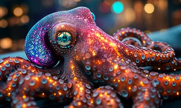 A vibrant, illuminated octopus resting on a surface, showcasing intricate details and colors.