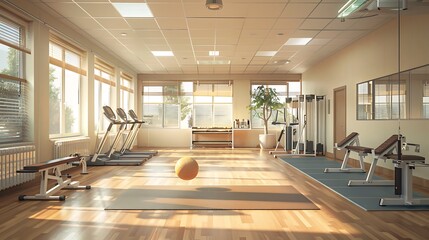Rehabilitation gym in a hospital with exercise equipment and therapy mats.