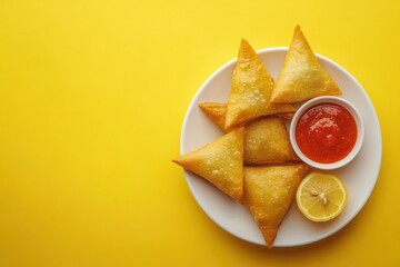 Crispy Samosas with Dipping Sauce and Lemon Slice