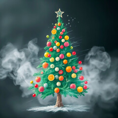A dynamic motion-blurred chalk design of a festive Christmas tree adorned with organic vegetables, soft cinematic haze, hazy background, organic lines and action poses