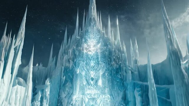 Mysterious ice castle glows brilliantly under a starry night sky, creating a captivating scene filled with wonder and enchantment in a frozen, magical landscape